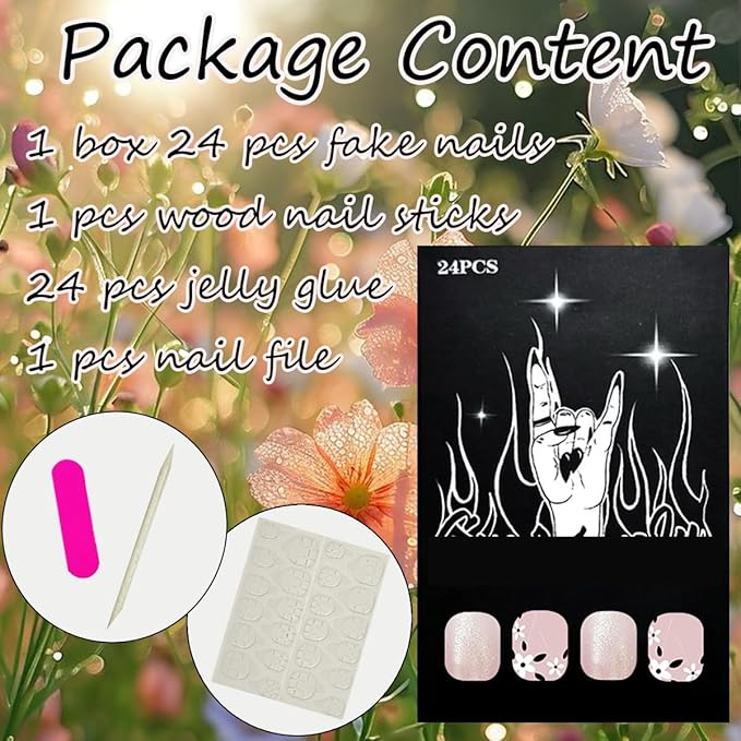24Pcs Spring Square Press on Nails Short French Tip Fake Nails Small Flower Glue on Nails Glitter Full Cover Acrylic Nails Pink False Nails Cute Stick on Artificial Nails for Women Daily Manicure