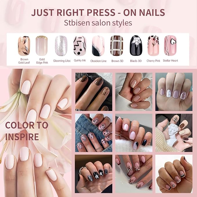 Press on Nails Short Square, Light Pink Fake Nails Kit with Obsidian Line Designs, Glossy Acrylic Press on Nails, Thick Reusable Glue on Nails Short Press on Nails for Women, Obsidian Line