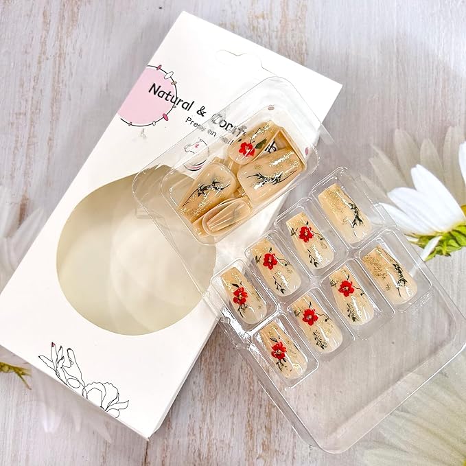 Press on Nails Medium Length Ballet Shaped Flower False Nails Gold Glitter Sequins Floral Design Full Cover Artificial Stick on Nails Glossy Reusable Glue on Nails for Women Manicure Decoration