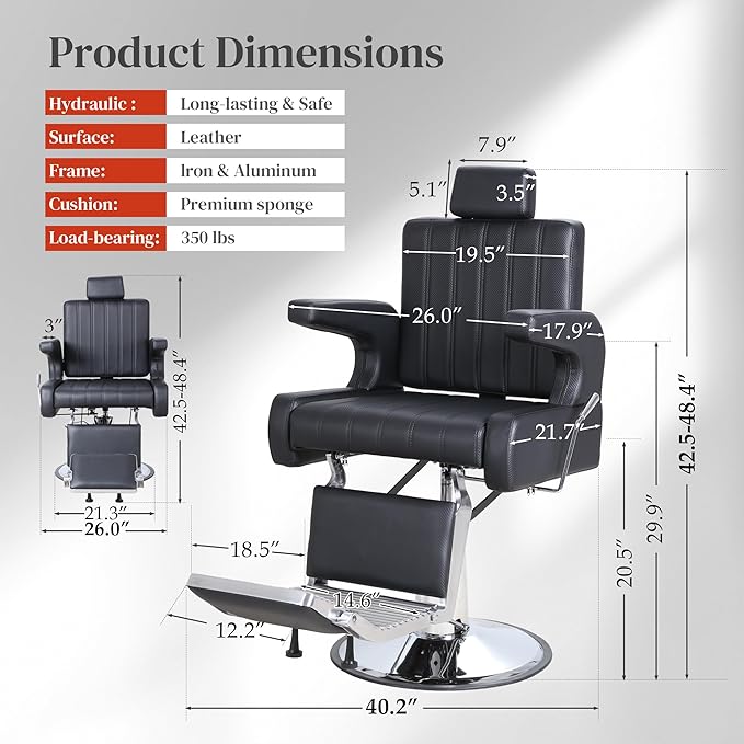 FHFO Barber Salon Hair Chairs for Barbershop, Hydraulic Barber Chair 360°Adjustable PU Leather Beauty Salon Chair for Barbershop Spa Black/Silver