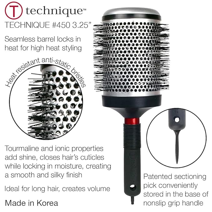 Cricket Technique Thermal Hair Brush #450 3.25” Curling, and Styling – Heat-Retaining Barrel with Anti-Static Tourmaline Bristles, Round Thermal Brush, Ideal for All Hair Types