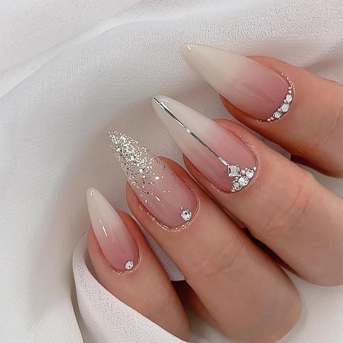 Silver Glitter Press on Nails French Tip Fake Nails Medium Almond False Nail with Rhinestone Design Nude Glossy Artificial Acrylic Full Cover Diamond Glue on Nail for Women Christmas Manicure 24Pcs