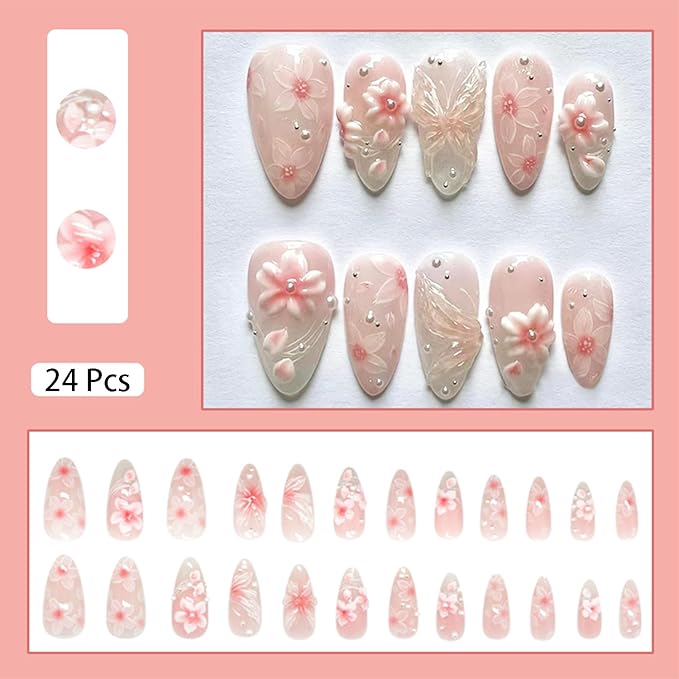 24pcs Pink Flower Press on Nails Medium Almond Fake Nails with 3D Butterfly Pearl Designs Cute Floral False Nails Kit Flowers Acrylic Nail Tips Full Cover Stick on Nails for Women Nail Art Decoration