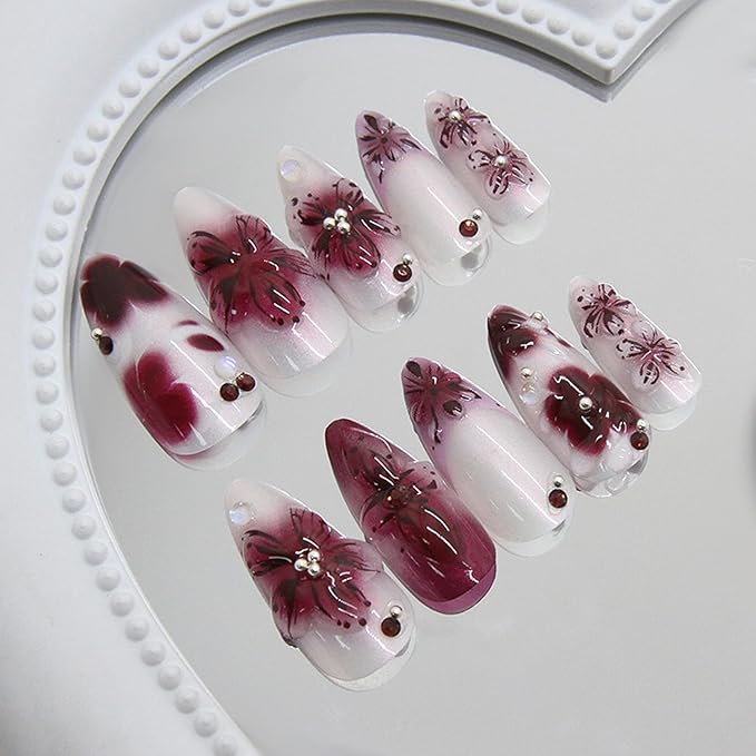 24Pcs Dark Purple Flower Press on Nails Medium Almond Fake Nails French ice Flower Pearls Designs Y2K Charm Beads Rhinestones Nails French Tip False Nails Glue on Nails Acrylic Nail for Women