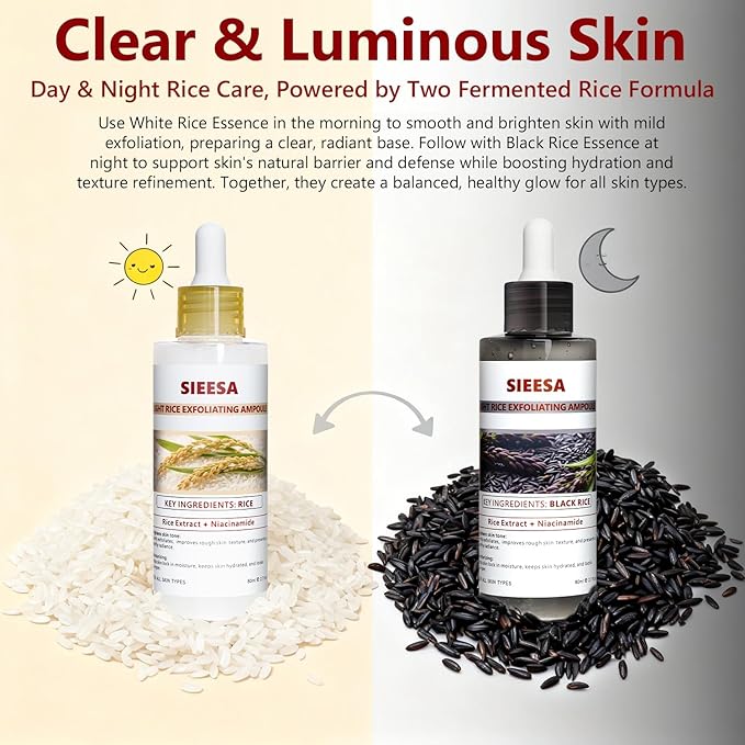 Rice Peel Shot,Peel Shot Glow Rice Ampoule Duo, White&Black Rice Exfoliant,Removes Dead Skin and Blackheads,Niacinamide Controls Oil Salicylic Acid Gentle Pore Clean, For Various SkinS(5.4 fl oz)