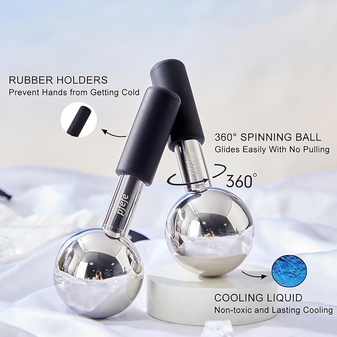 Pfefe 360 Rotating Ice Globes for Face & Eyes, Unbreakable Stainless Steel Cryo Sticks for Beauty Routines, Facials Cold Roller Colling Globes for Puffiness, Wrinkles, Dark Circles, Headaches