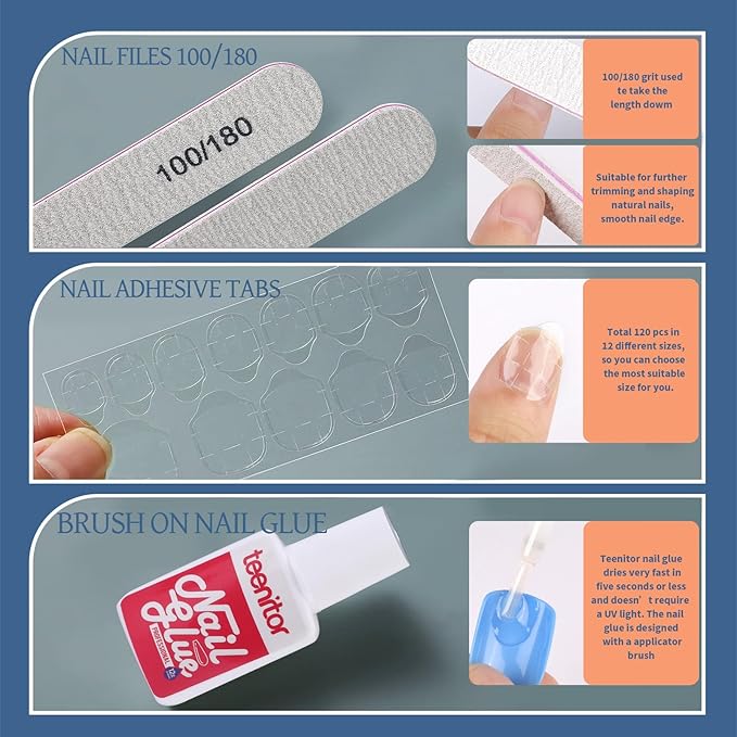 Teenitor 24Pack Short Press On Nails, 576Pcs Short Square Press On Nails, Matte Glossy Glitter French Nails, 12 Sizes Fake Nails With Glue