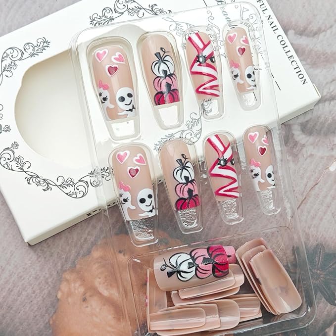 24Pcs Halloween Press on Nails Medium Length Square Fake Nails Pink White Cute Ghost Pumpkin Bat Designs Glossy Full Cover Stick on Nails French Tip False Nails for Women Acrylic Nail Decorations