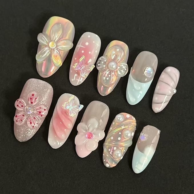 30Pcs Flower Press on Nails Medium Almond Handmade Fake Nails with Crystal 3D Butterfly Flowers Pearl Design French Nails Cute Stick on Nails Full Cover Artificial Glue on Nails for Women
