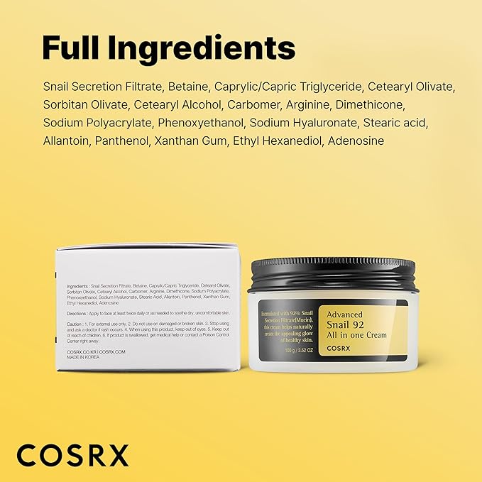 COSRX Snail Mucin 92% Face Moisturizer, 3.52 Oz, Lightweight Moisturing Cream for Soft, Glowy Skin, Korean Skin Care, Korean Moisturizer Face Cream, Stocking Stuffers for Women