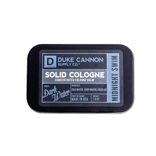 Duke Cannon Supply Co. Solid Cologne for Men Midnight Swim - Cold Water, Crisp Greens, Fresh Air - Concentrated Balm, Travel-Friendly Tin, 1.5 oz (1 unit)