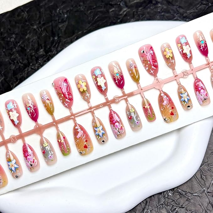 30Pcs Cute Flower Press on Nails Medium Almond Fake Nails Leaf Butterfly False Nails with Bow Rhinestones Design Reusable 3D Floral Acrylic Nail Full Cover Glue on Nail for Women DIY Manicure Decor