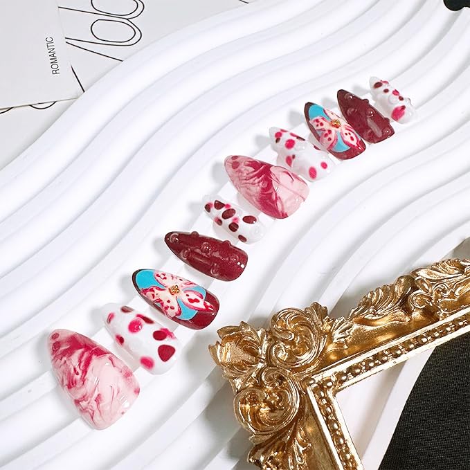 10pcs Halloween Press on Nails Medium Almond Fake Nails with 3D Snake Flower Designs Bloody False Nails Kit Halloween Acrylic Nails Full Cover Stick on Nail for Women Holiday Nail Decoration