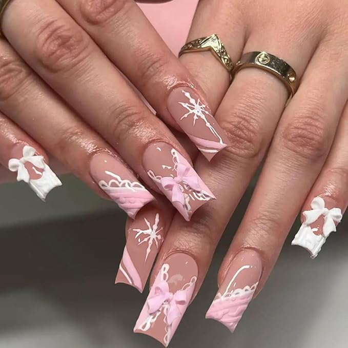 Winter Press on Nails Medium Square Fake Nails Pink White French Nails Press ons with 3D Bow Snowflakes Designs Xmas False Nails for Women 24Pcs