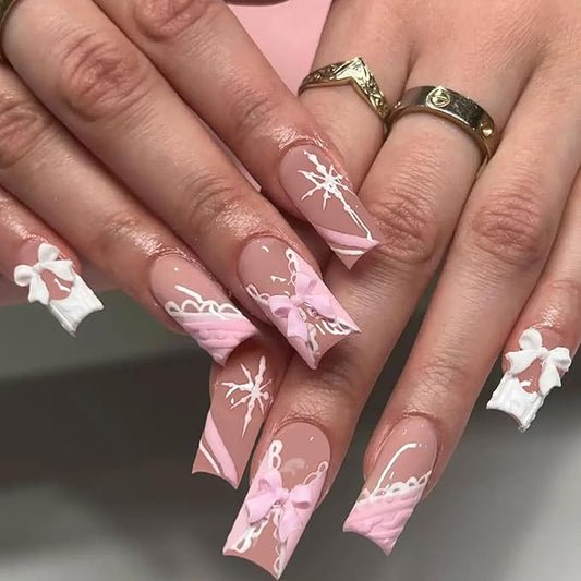 Winter Press on Nails Medium Square Fake Nails Pink White French Nails Press ons with 3D Bow Snowflakes Designs Xmas False Nails for Women 24Pcs