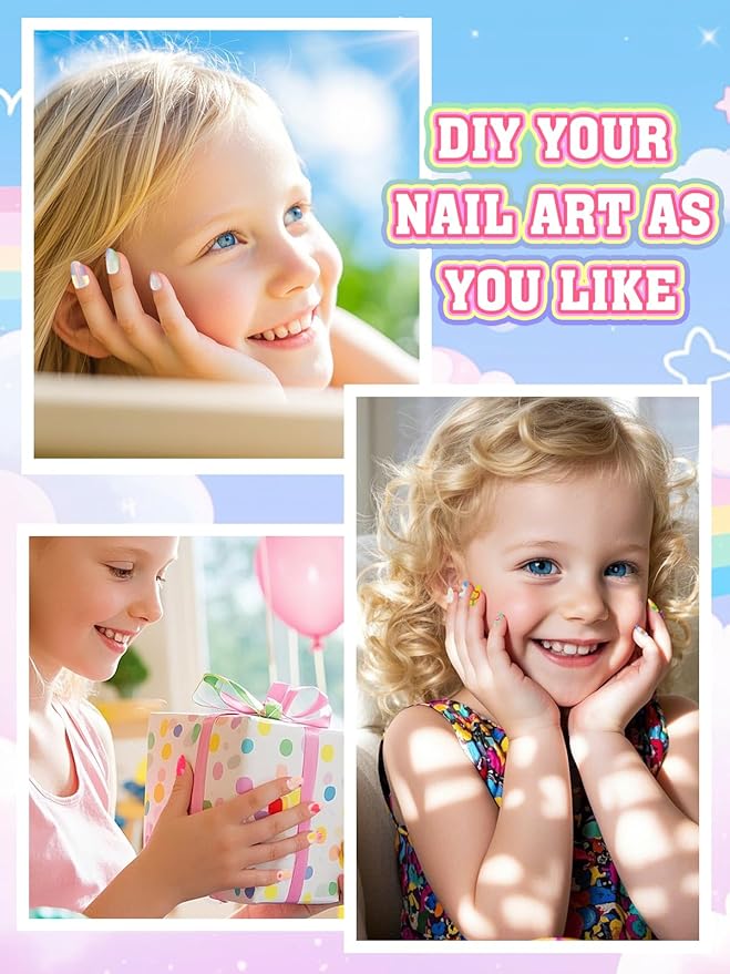 144 Pieces Press on Nails for Kids, EBANKU 6 Pack Kid Fake Nail Pink Gold Flower Star Press on Nails for Girls 5-12 Years with Jelly Nail Adhesives