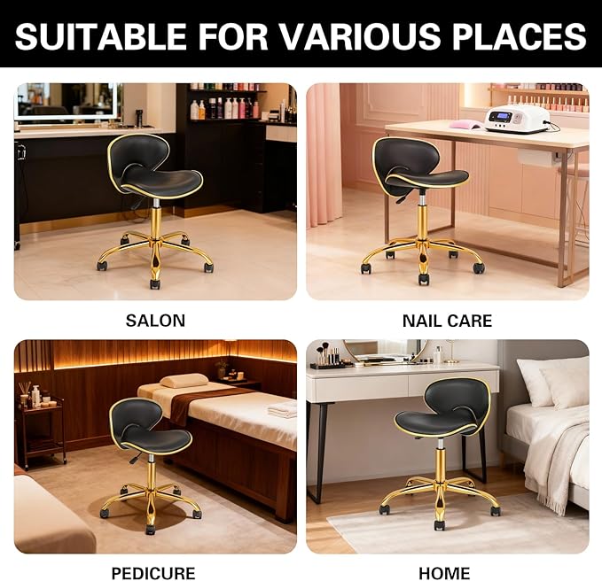 Adjustable Nail Tech Chair Rolling Stool with Backrest, Salon, Lash, Nail Tech and Hair Stylist, Massage Tattoo Facial Stool with Wheels - Black