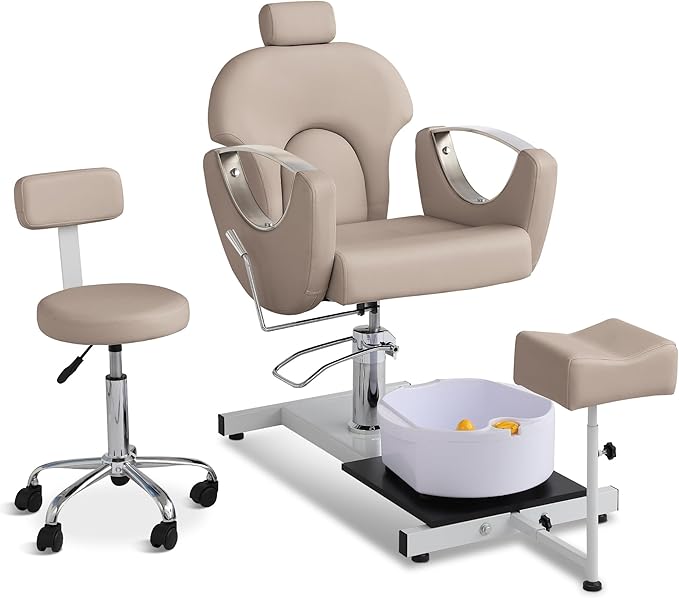 Pedicure Station No Plumbing, Hydraulic Pedicure Chair for Nail Tech, Height Adjustable Reclining Pedicure Station Unit, 360 Degree Swivel Foot Spa Chair with Massage Foot Bath (Grey-Sliver)