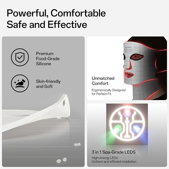 Red Light Mask for Face and Neck - Facial Skin Care Device, Portable, Lightweight, Rechargeable and Ergonomic Design for Home (White)