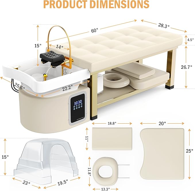 pouseayar Stationary Head Spa Massage Table with Water Cycle & Fumigation Salon Equipment for Beauty Head Spa Physical Therapy Massage, Stainless Steel Gold Color-Plated Frame, Beige Gray PU Leather