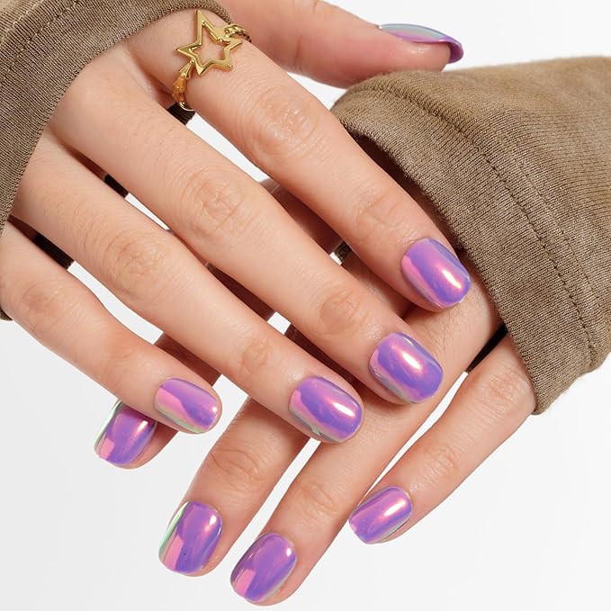 GLAMERMAID Extra Short Press on Nails 24PCS, Handmade Vilot Purple Chrome Fall Gel Glue on Nails, Glossy Round Reusable UV Finish Fake Nails Acrylic False Nails Manicure Kits for Women