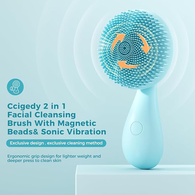2 in 1 Facial Cleansing Brush, Rotating Magnetic Beads & Massage Cleaning Electric Face Scrubber, Waterproof and Rechargeable Exfoliating Face Scrubber Brush