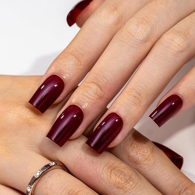 Curvlife Gel Press on Nail, 30Pcs 15 Sizes Nail Tips, Full Cover Deeo Red Design Reusable Gel Nails Kit with Glue and Adhesive Tabs