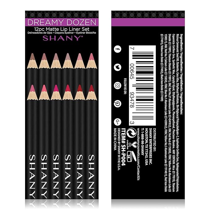 SHANY Dreamy Dozen Matte Lip Liner Set Vegan - Long-Lasting Professional Velvet Cruelty-Free Lipstick Pencils Pens in Varying Shades - Pack of 12