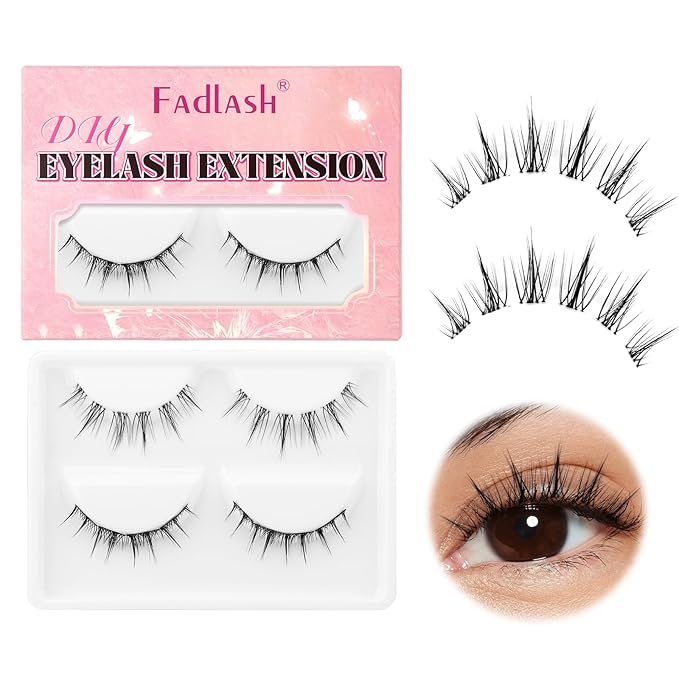 FADLASH Cluster Lashes Fluffy DIY Lash Extensions 2 Pairs Cat Eyed Individual Eyelash Clusters Wispy Sweetheart Curly Cluster Eyelash Extensions Reusable（WJ26+S1-TP03)