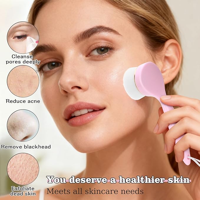 2 Pack Soft Bristle Facial Cleansing Brush for Deep Pore Cleaning, Face Exfoliating Scrub Brush for Face Cleansing Skincare Massaging,Pink