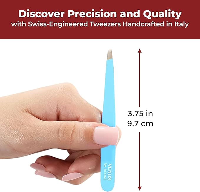 Venus by Regine Slant Tweezers - Handmade Precision Tool for Women & Men, 25-Degree Angle for Shaping Eyebrows & Grooming Facial Contours, Suitable for Eyebrow & Facial Hair Removal (Bright Blue)