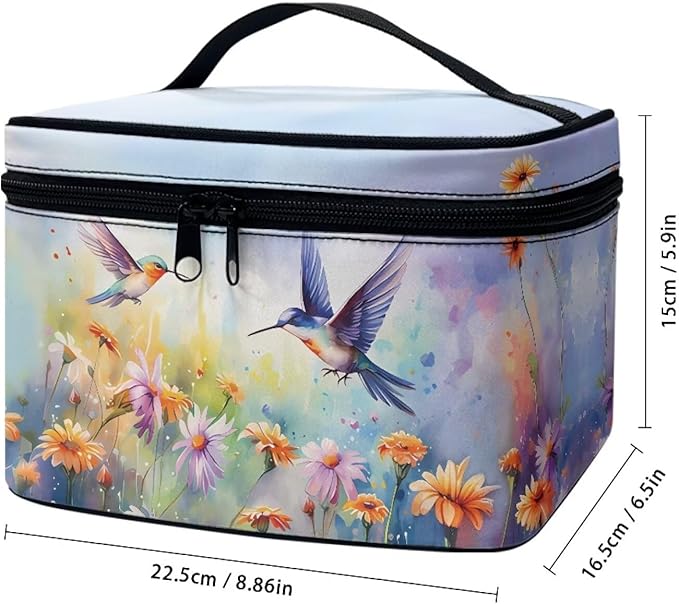 Hummingbird Vibrant Floral Pattern Travel Makeup Bag for Women Large Capacity Cosmetic Bag with Zipper and Handle Portable Toiletry Bag Make Up Organizers