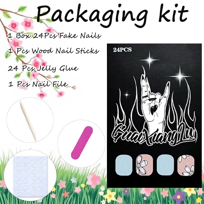 24 Pcs Short Square Press on Nails Spring Fake Nails With Designs Cute Flower False Nails Artificial Acrylic Nail Kit Light Blue Full Cover Stick on Nails Glossy Pink Flowers Glue on Nails For Women