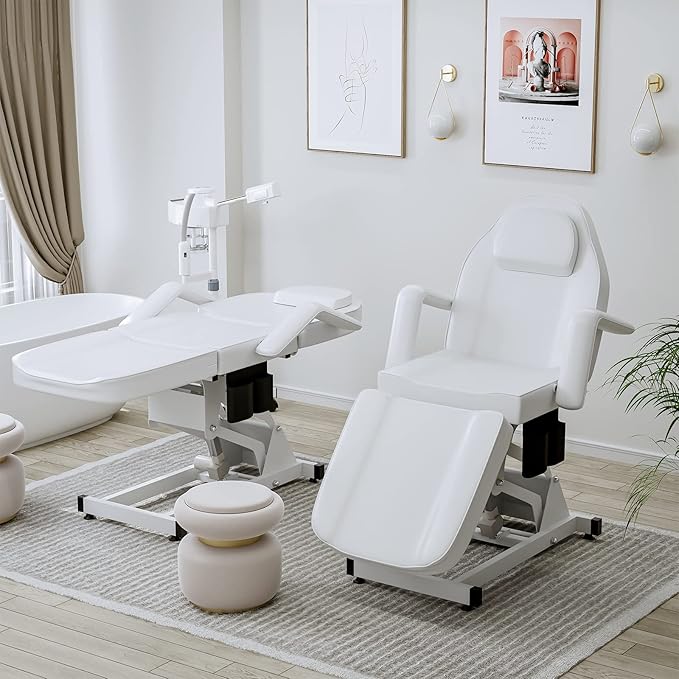 SyyBhb White Fully Electric Spa Bed Tattoo Chair Facial Table 3 Motor with Storage Pocket, 21''-28" Height Backrest Footrest Electric Adjustable, 3-Section Folding