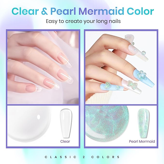 MIZHSE Solid Builder Gel for Nails – 2PCS 1oz Mermaid Pearl & Clear Hard Gel Kit with Nail Forms 3D Mold Soak-off U V 3D for Nails Extension for Salon Manicure Home DIY