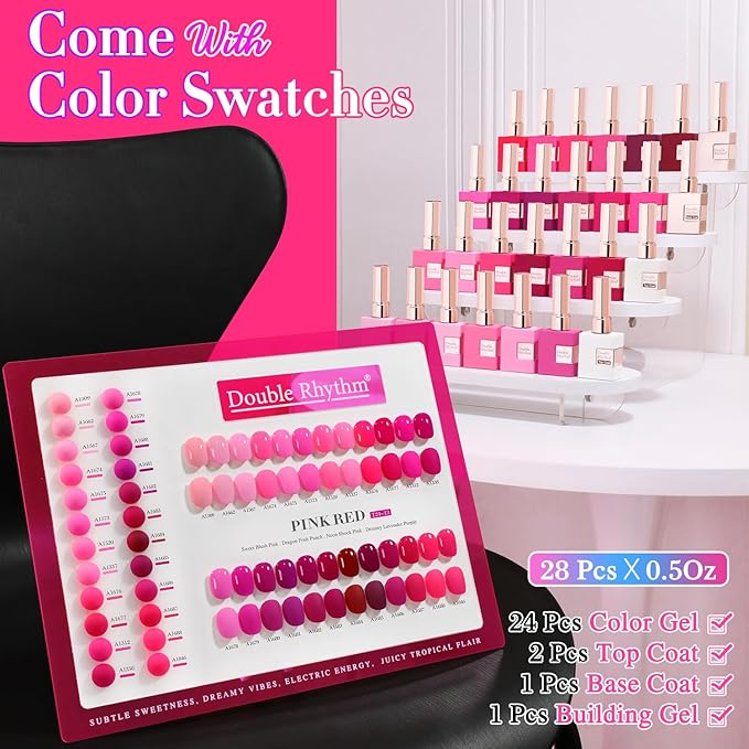 Double Rhythm 28Pcs 0.5Oz Gel Nail Polish Set Same Color Same Bottle Soak Off Gel Polish Kit Nail Art Manicure Salon DIY at Home for Women (Bright Pitaya Pink Purple Red Collection-T24-13)