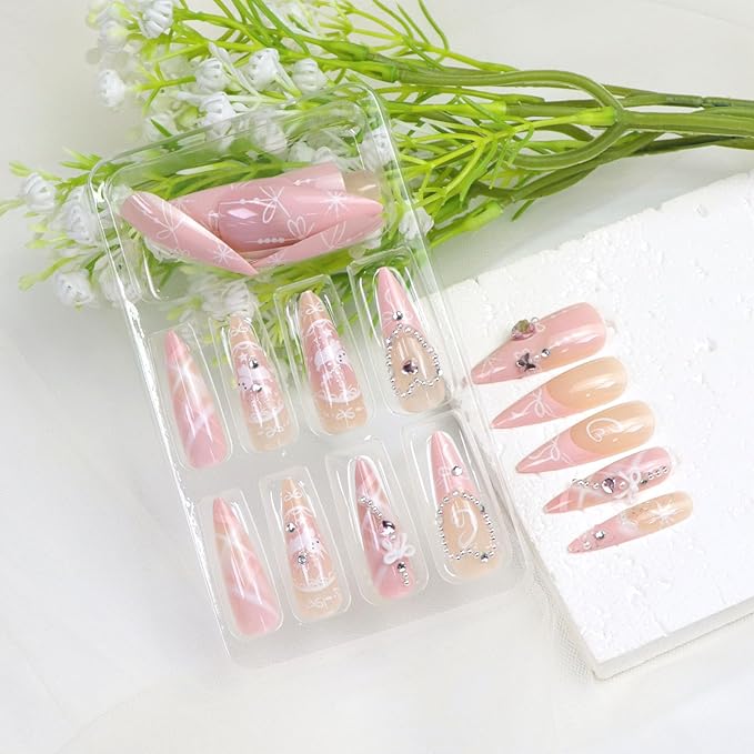 Cute Press on Nails Long Almond Fake Nails with Heart Pearl Bow Rhinestones Designs French Tip Nails Press ons Pink False Nails for Women 24Pcs