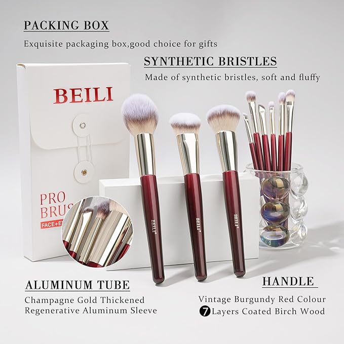 BEILI Makeup Brushes 9Pcs Makeup Brushes Set Premium Synthetic Foundation Concealers Blush Eyeshadow Eyeliner Powder Highlighter Blending Face Brush Set(Red)