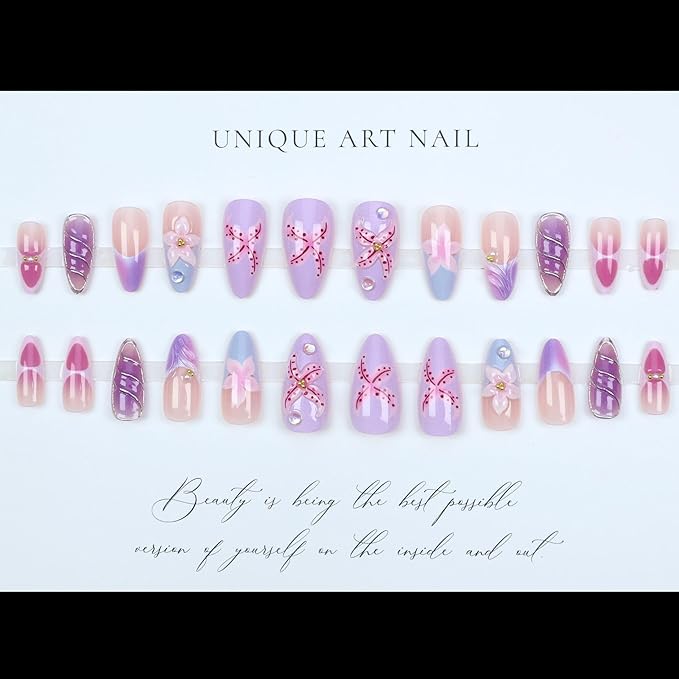 3D Flower Press on Nails Medium Almond Fake Nails with Floral Pearl Designs Purple Pink Acrylic Nail Tips Curve Line Artificial Nail Cute Handmade False Nails Summer Glue on Nail for Women