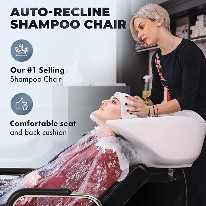 Buy-Rite Kate Auto Reclining Shampoo Chair with Extra Thick Cushion, Heavy Duty Chrome Arms, Black Vinyl, Ergonomic Solid Backrest - Portable Salon Chair for Shampoo Bowls, SY-92272