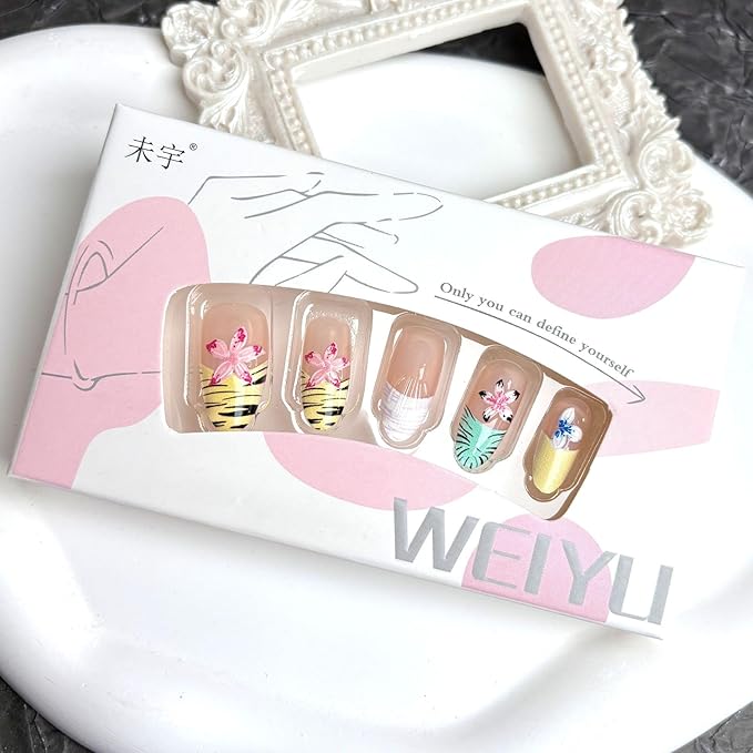 30Pcs Colorful Flower Press on Nails Medium Almond Fake Nails with 3D Gold Beads Rhinestones Design White Leopard Line French Tip False Nails Pink Nude Stick on Nails for Spring Summer Nails