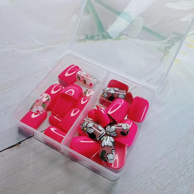 48Pcs Flowers Press on Nails Short Spring Fake Nails Kit with Cute Floral Designs Glossy Pink Full Cover French Nails Press ons Square Shape Flower Stick on Nails Acrylic Nails for Women Daily Wear