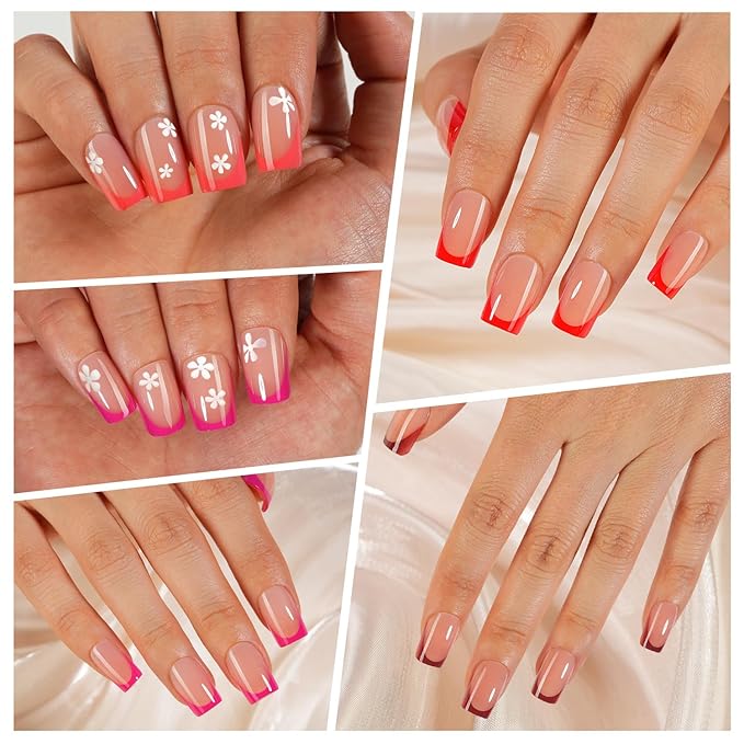 300Pcs French Gel Nail Tips, Vansiho Short Square Nail Tips, Pink Pre-French Tips Press on Nails, Acrylic Fake Nails for Nail Art DIY 15 Sizes