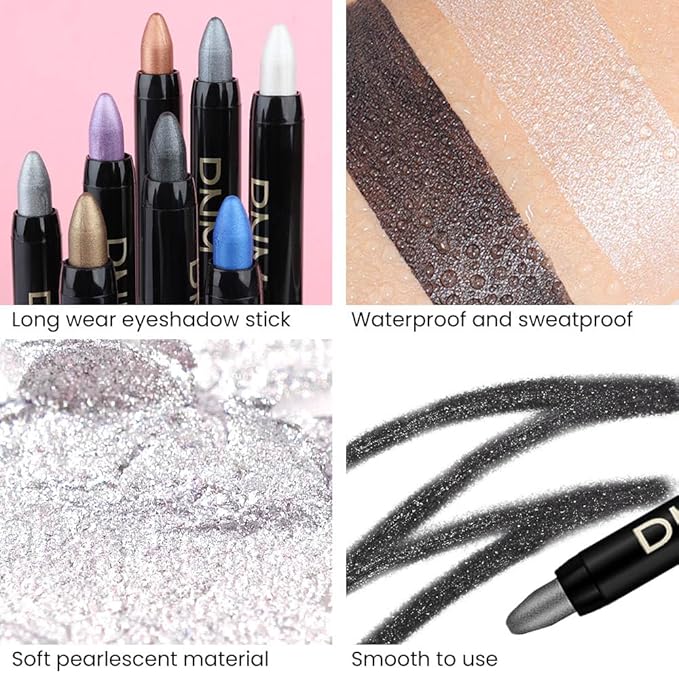 Kaely 4Pcs Metallic Shimmer Eye Shadow Sticks Set, Pearl White Pearl Black Vioiet Purple Royal Blue, Eyeliner Pencil Eyeshadow Palette Halloween Makeup, Eye Highlighter Brightener Stick for Women