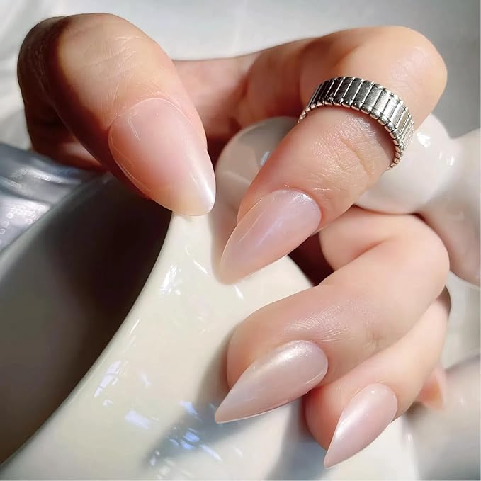 30PCS Short Almond Press-On Nails – Nude Shell Gloss Fake Nails with 15 Sizes, Soft Back Edge & Durable Tip, No Measuring Needed, Reusable Stick-On Nail Tips with Glue & Tools for Women