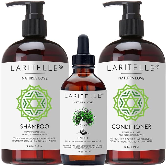 Laritelle Organic Hair Growth Set | Shampoo 17 oz + Conditioner 16 oz + Hair Loss Treatment 4 oz | Organic Quinoa + Keratin + Rosemary, Ginger & Grapefruit | NO GMO, SLS, Gluten, Parabens, Phthalates