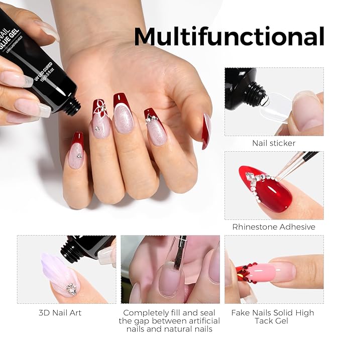 TOMICCA Super Strong Nail Glue for Press On Nails, Nail Tips - Long Lasting Glue On Nails Clear Adhesive, 3D Gel Nail Glue Art Design, UV Lamp Cured, 15ml DIY Home Salon Use