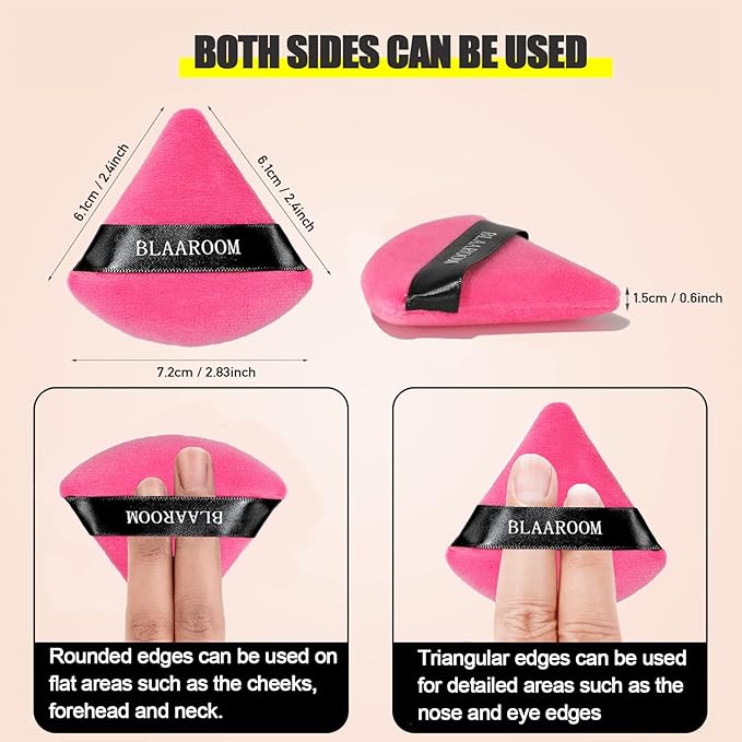 BLAAROOM Powder Puffs for Face Setting Makeup,6 Pcs Soft Velvet Triangle Puff for Contouring, Under Eyes and Corners Delicate Cosmetic Sponge Makeup Tool - Rose Red