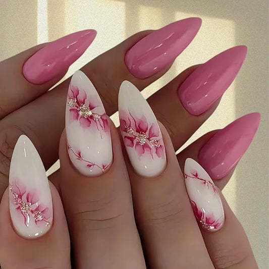 Press on Nails Almond Short Pink Flower False Nails with 3 D Gold Glitter Designs Pink Full Cover Removable Glossy Acrylic Glue on Nails Natural Stick on Nails for Women 24 Pcs