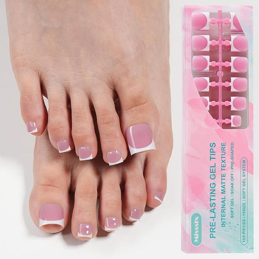 Misssix Press On Toe nails Short, 150Pcs French Toe Nail Tips Pink White, Square Soft Gel Fake Toe Nail Tips Extensions for Women Nail Art DIY 15 Sizes